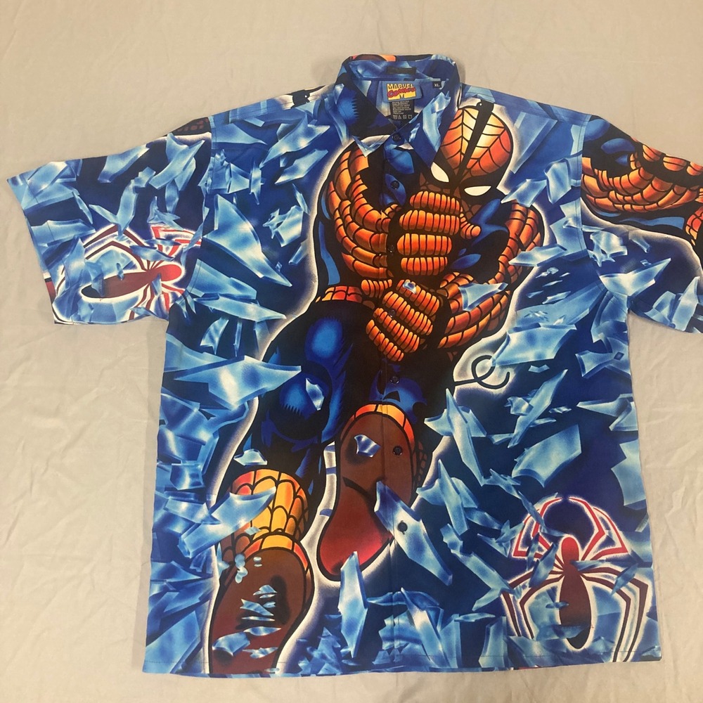 Vintage 2001 Marvel Comics Spider-Man Button Down Shirt XL Blue Shattered Glass - Picture 4 of 13